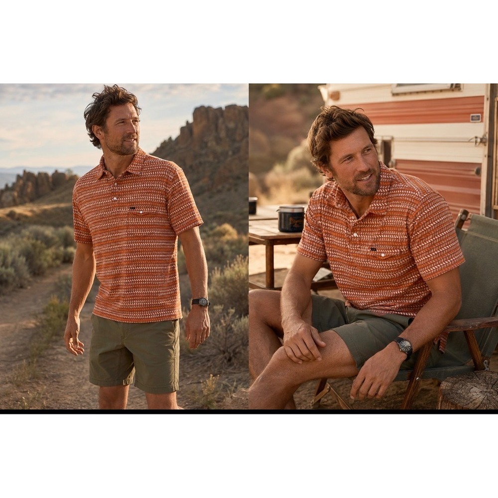Howler Brothers Men's Ranchero pearl snap Polo shirt XL Orange Geometric Print